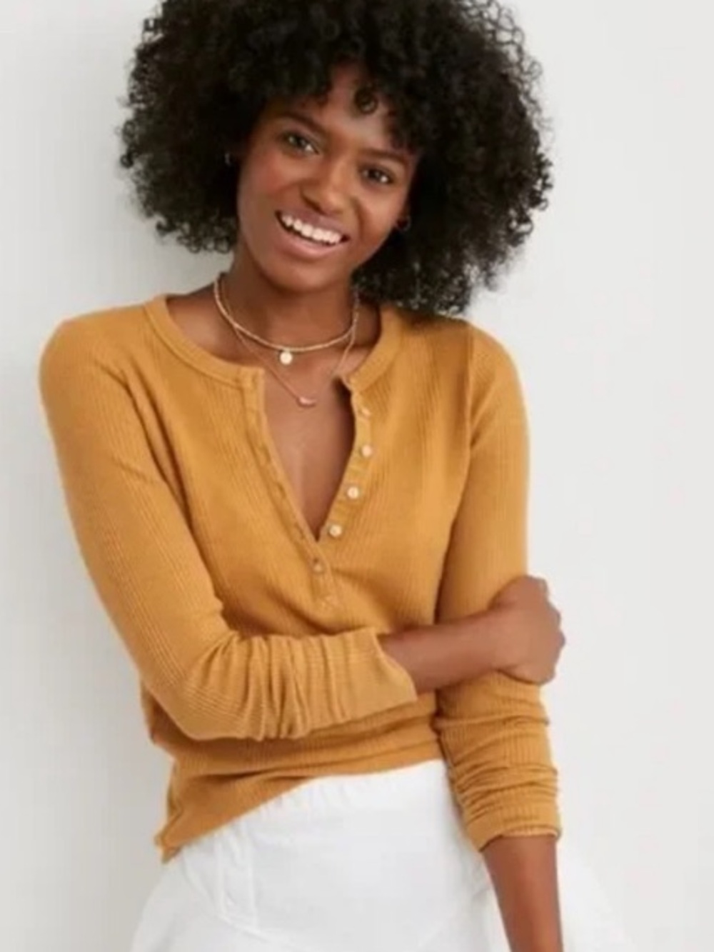 Aerie Honey Henley Waffle Long Sleeve Button Shirt Size S